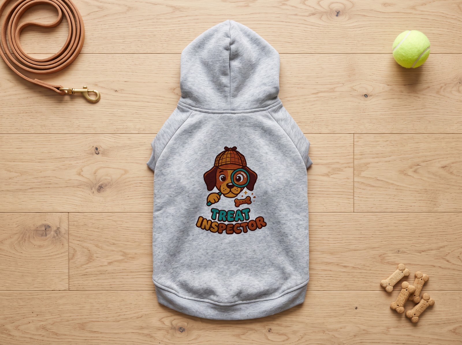 Grey Dog Hoodie Flat Lay on an Oak Floor showing a cartoon Treat Inspector dog design