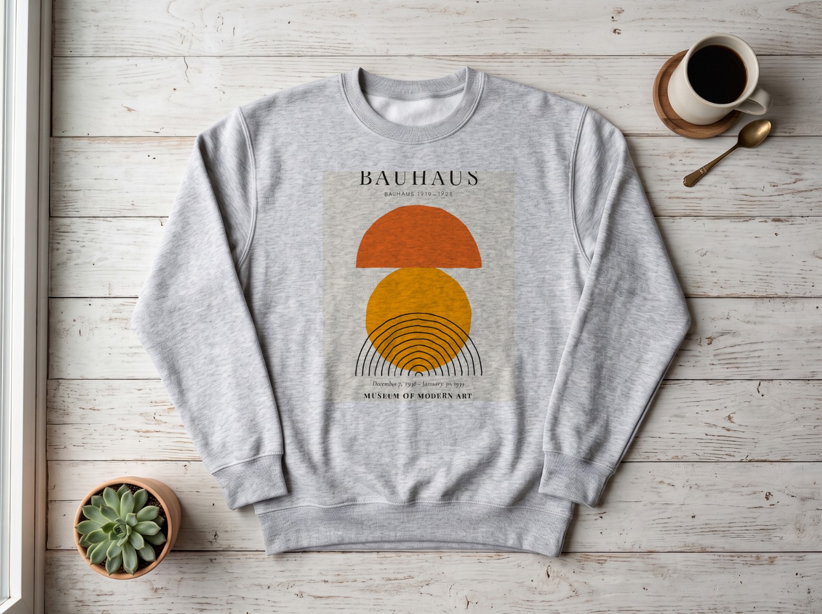 Grey Sweatshirt Flat Lay Mockup on White Wood example