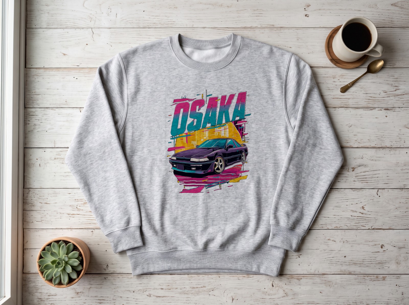 Grey Sweatshirt Flat Lay Mockup on White Wood example