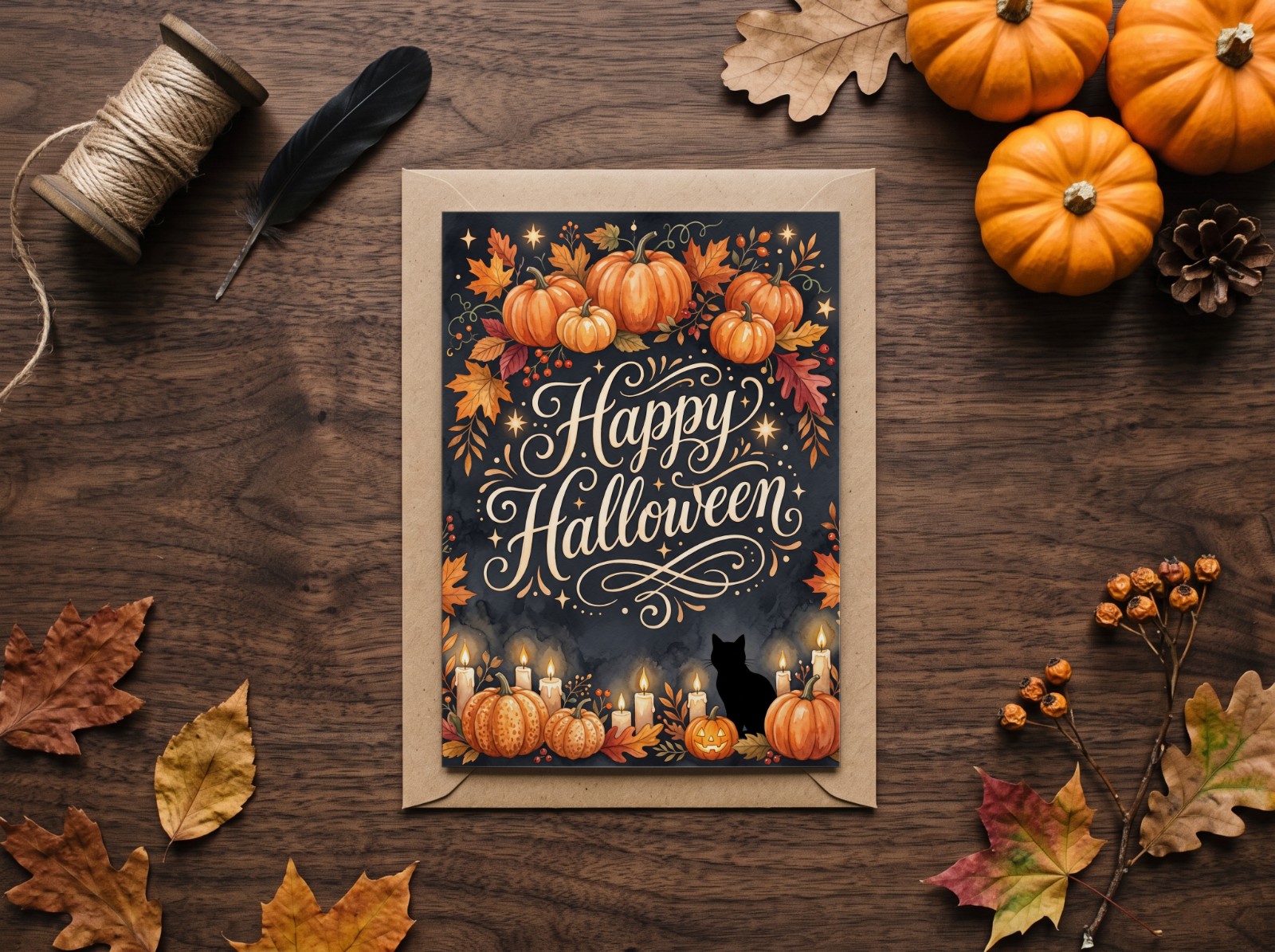Halloween Greeting Card Mockup on a Kraft Envelope with Pumpkins example