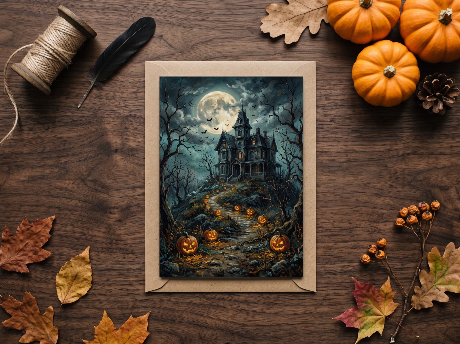 Halloween Greeting Card on a Kraft Envelope with Pumpkins showing a vintage haunted house painting