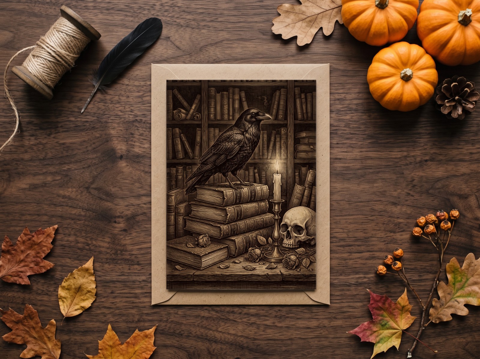 Halloween Greeting Card on a Kraft Envelope with Pumpkins showing a dark academia raven and books print