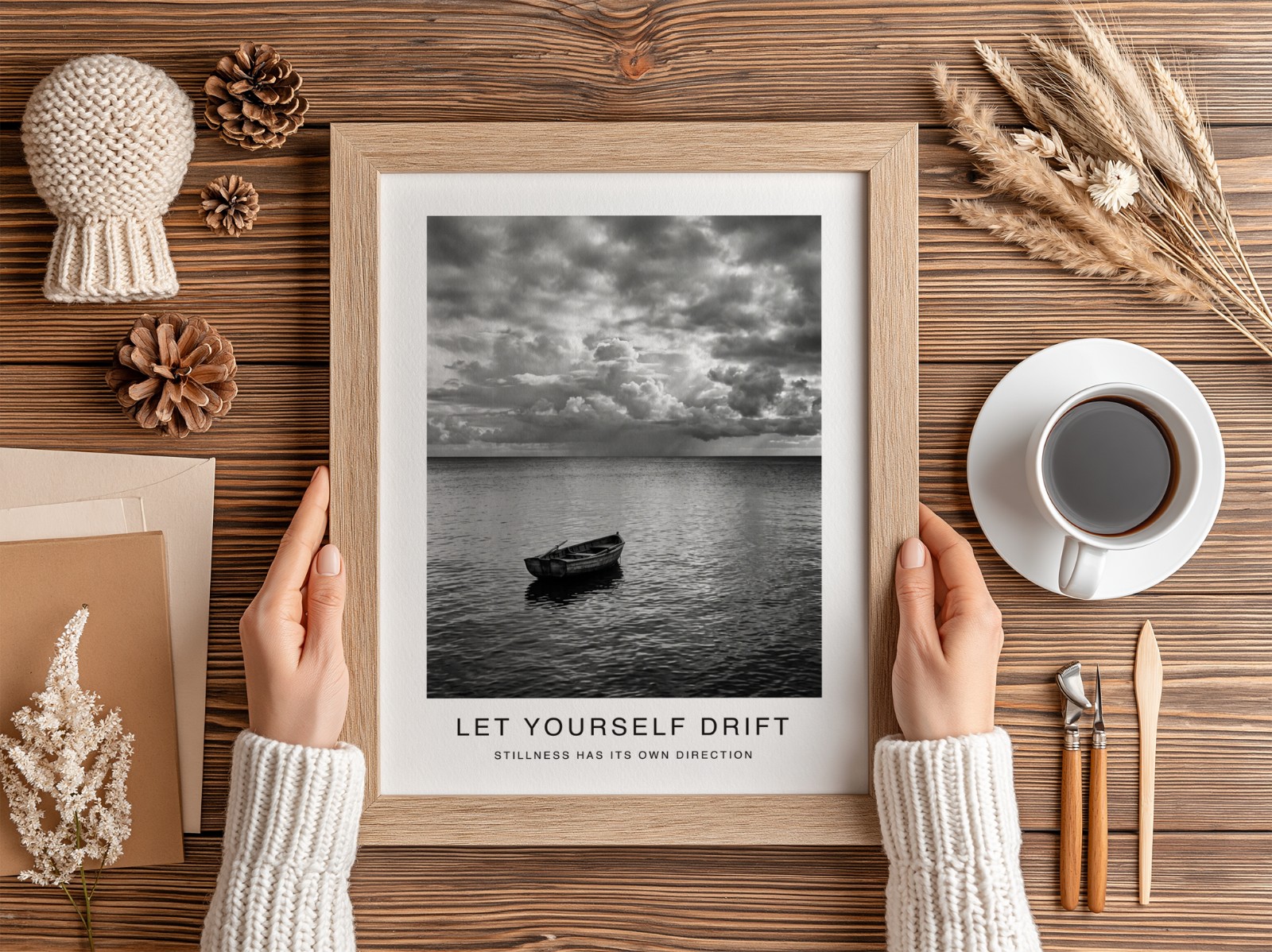 Hands Holding Oak Frame on Wooden Desk showing a black and white seascape print