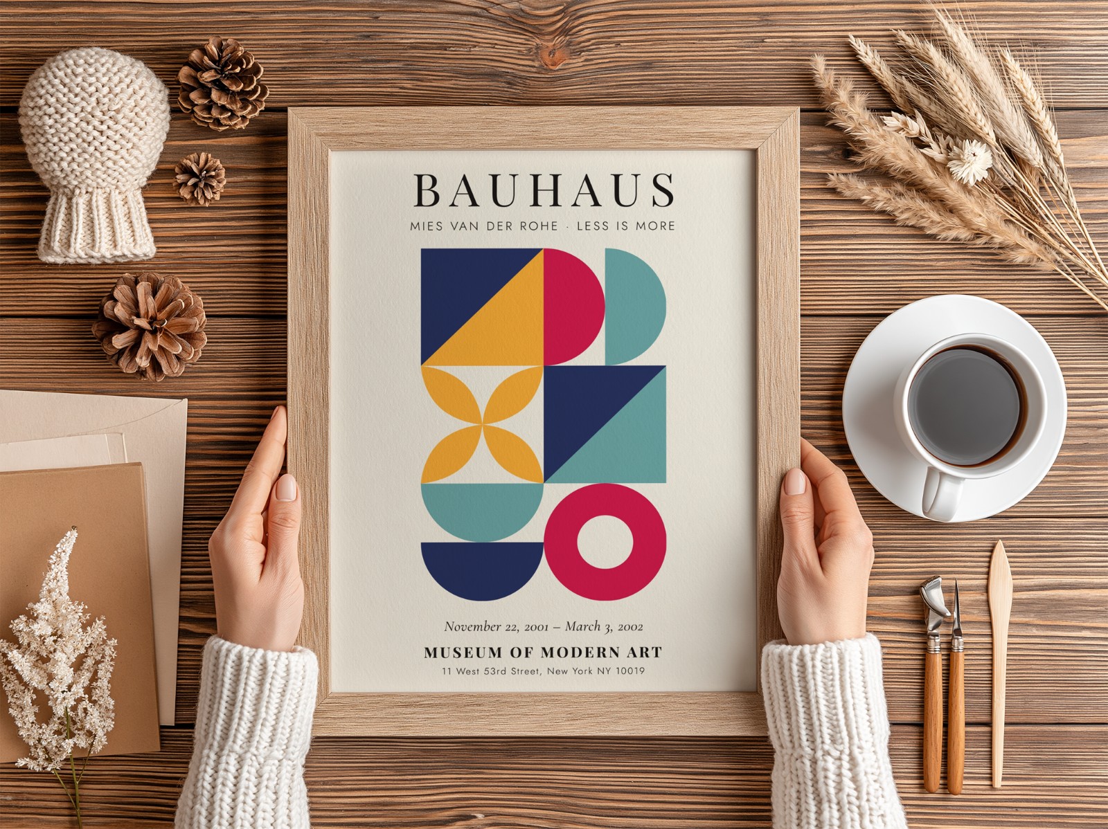 Hands Holding Oak Frame on Wooden Desk showing a Bauhaus geometric print