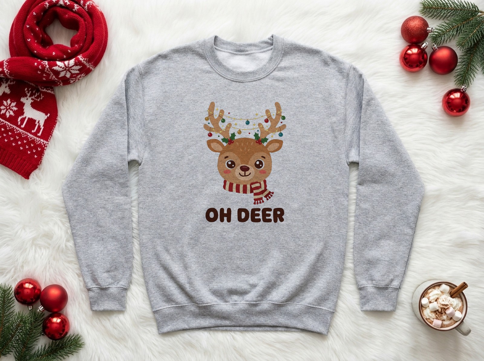 Heather Grey Sweatshirt Christmas Mockup on Faux Fur with a Reindeer Scarf example