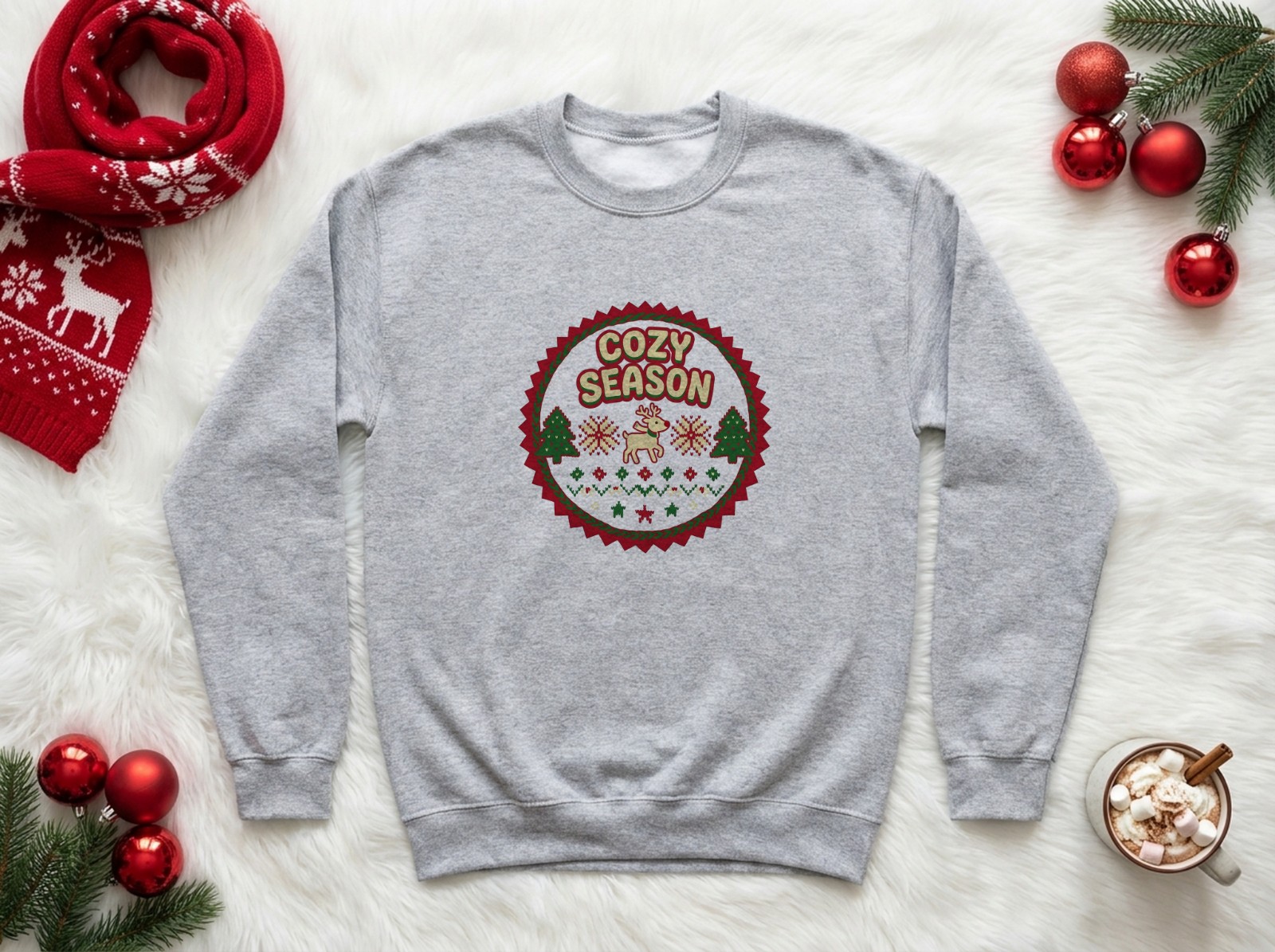 Heather Grey Sweatshirt Christmas on Faux Fur with a Reindeer Scarf showing an ugly-sweater Cozy Season badge