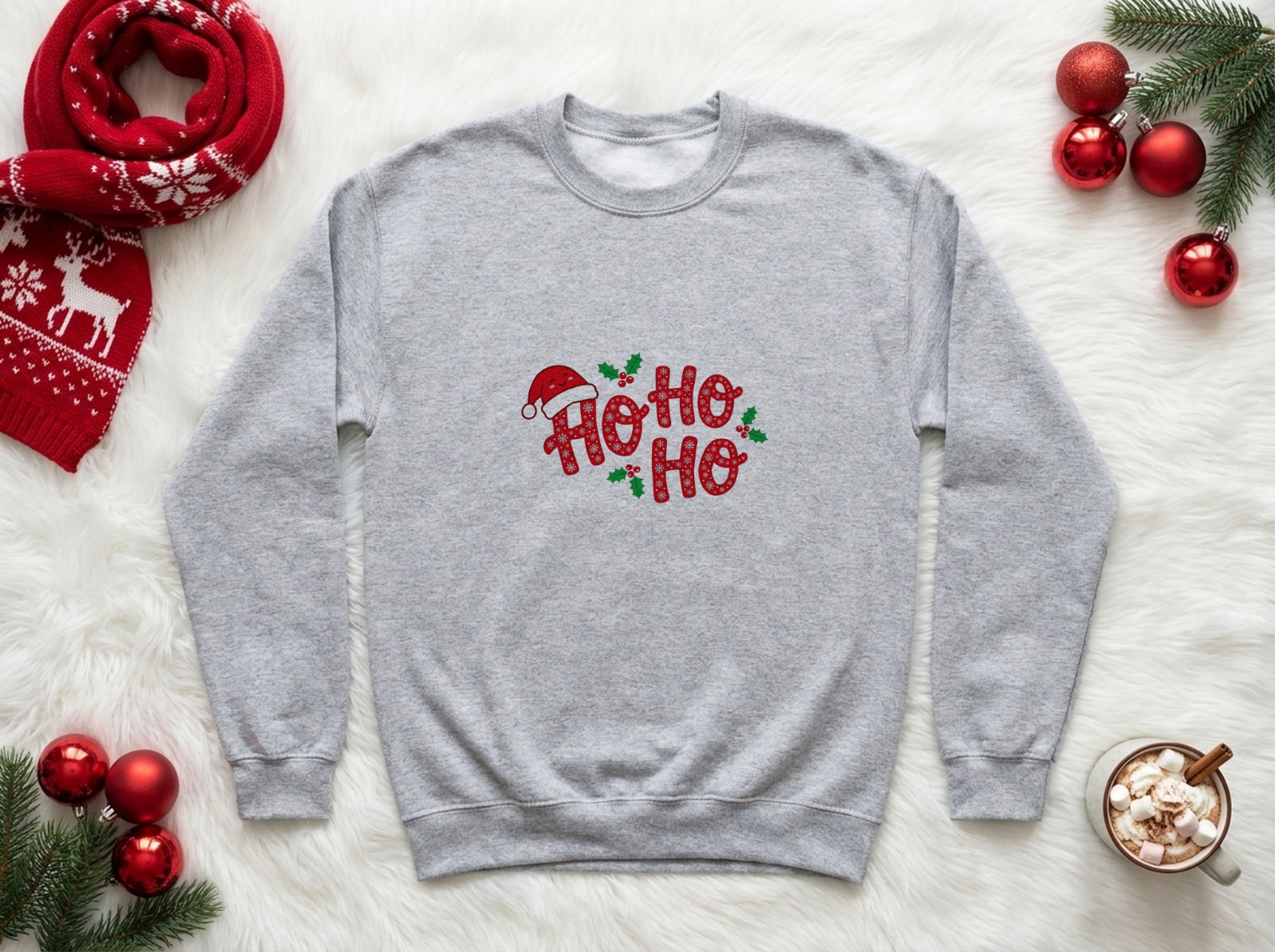 Heather Grey Sweatshirt Christmas on Faux Fur with a Reindeer Scarf showing a playful Ho Ho Ho design