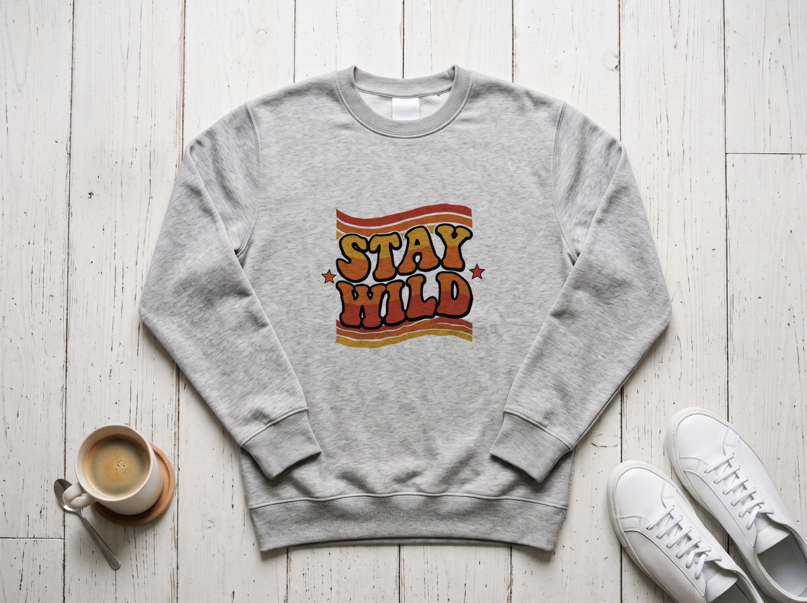 Heather Grey Sweatshirt Flat Lay Mockup on a White Wood Floor example