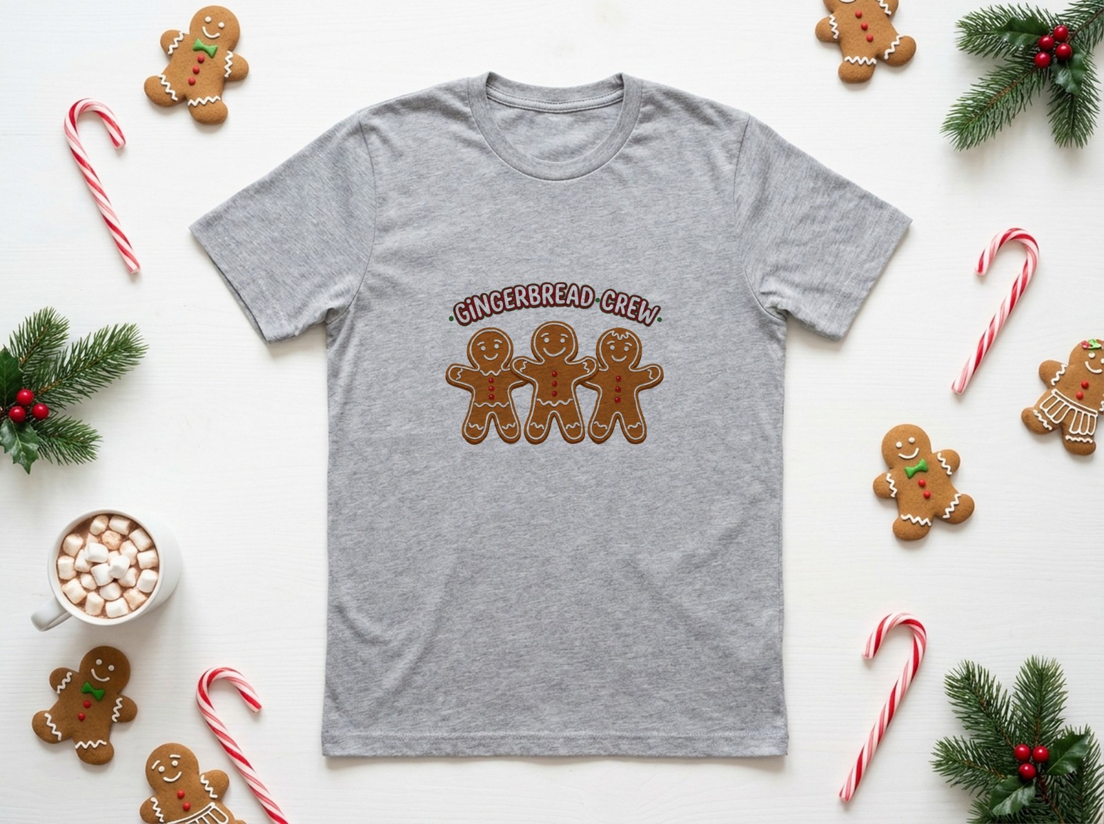 Heather Grey T-Shirt Christmas Mockup Flat Lay with Gingerbread and Candy Canes example