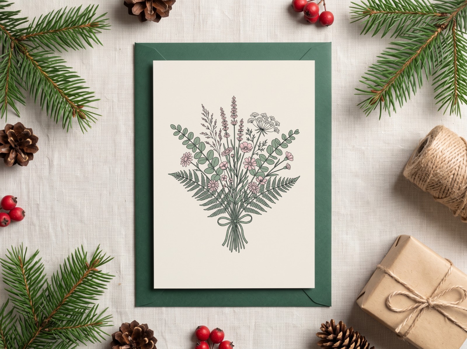 Holiday Card Mockup with Pine Branches and a Green Envelope example