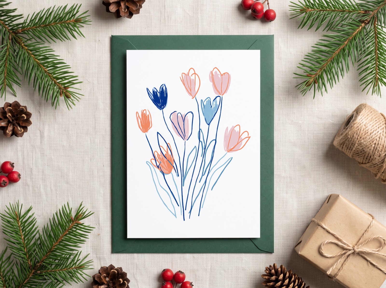 Holiday Card with Pine Branches and a Green Envelope showing the hand-drawn Flowers artwork