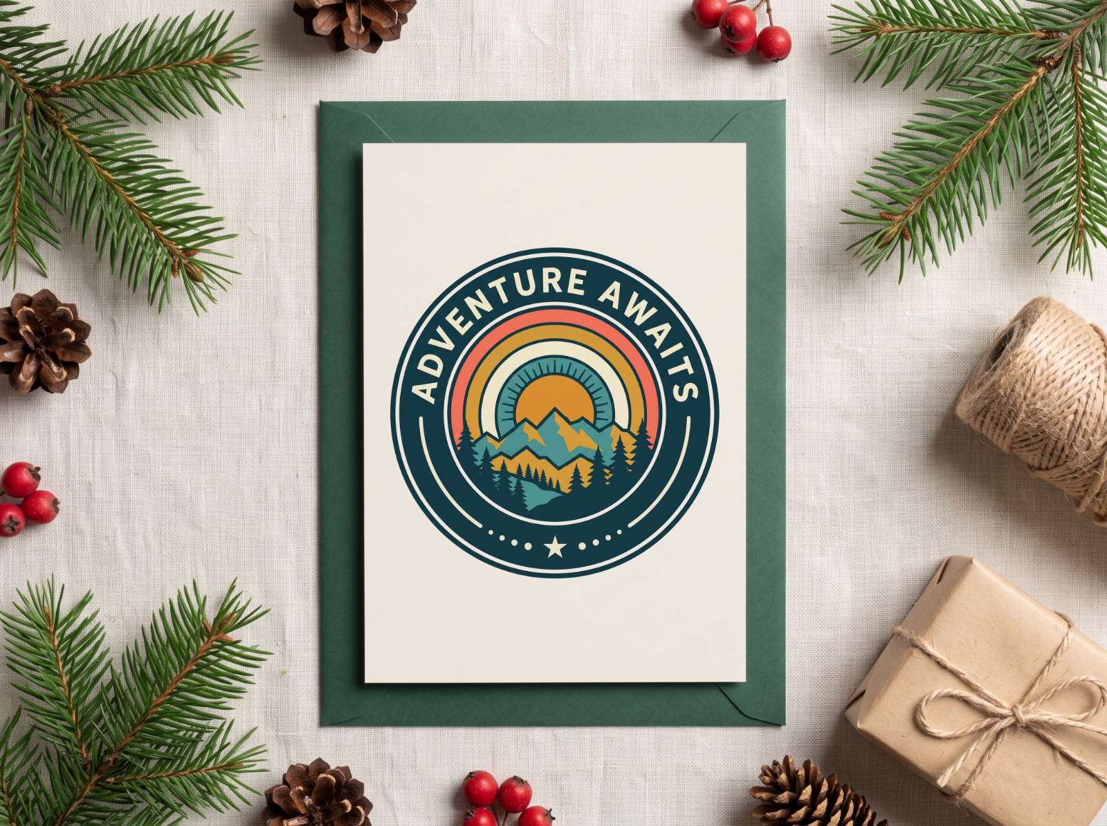 Holiday Card with Pine Branches and a Green Envelope showing the Adventure Awaits badge