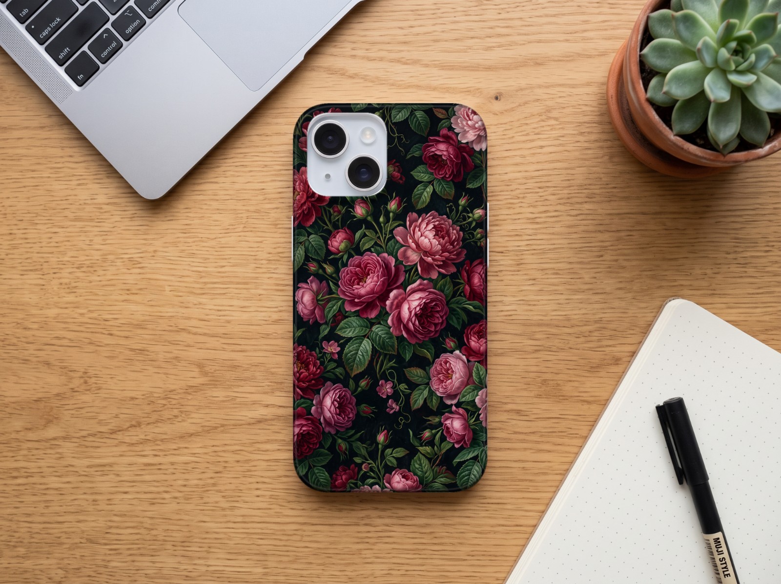 iPhone 15 Case Mockup on an Oak Desk (fits iPhone 13 and 14) example