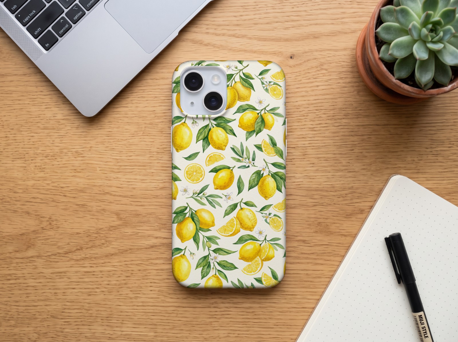 iPhone 15 Case on an Oak Desk (fits iPhone 13 and 14) showing a watercolor lemon pattern