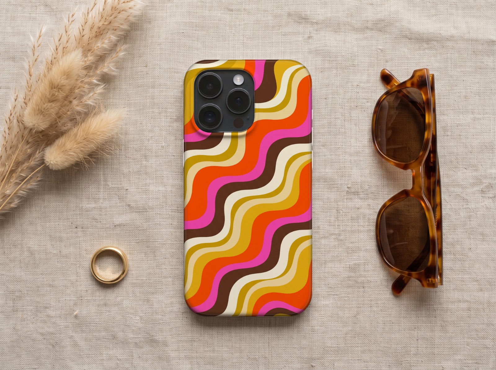 iPhone 16 Pro Case Mockup on Linen with Pampas Grass example