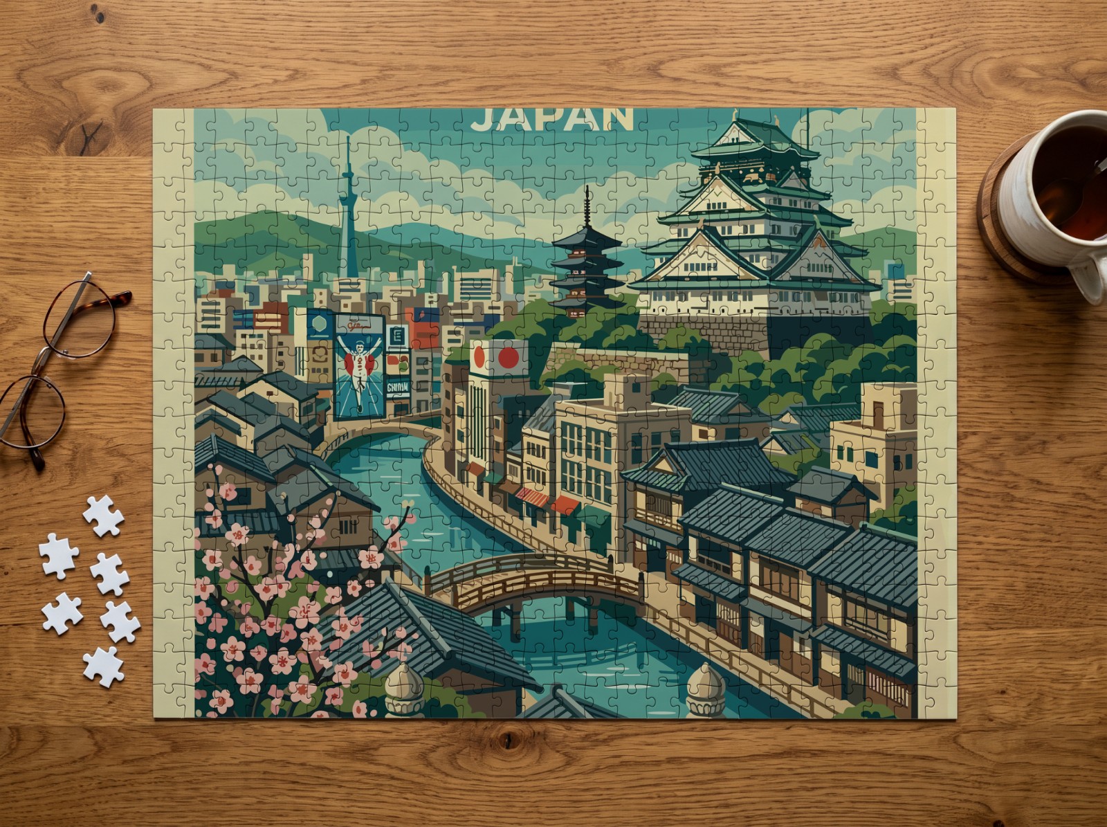 Assembled Jigsaw Puzzle Mockup on a Wooden Table example