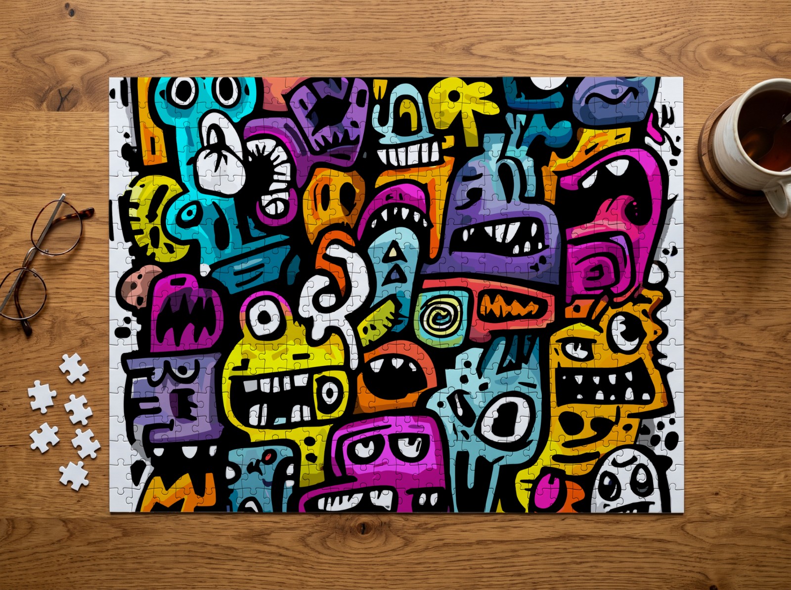 Assembled Jigsaw Puzzle on a Wooden Table showing the WTF monster doodles