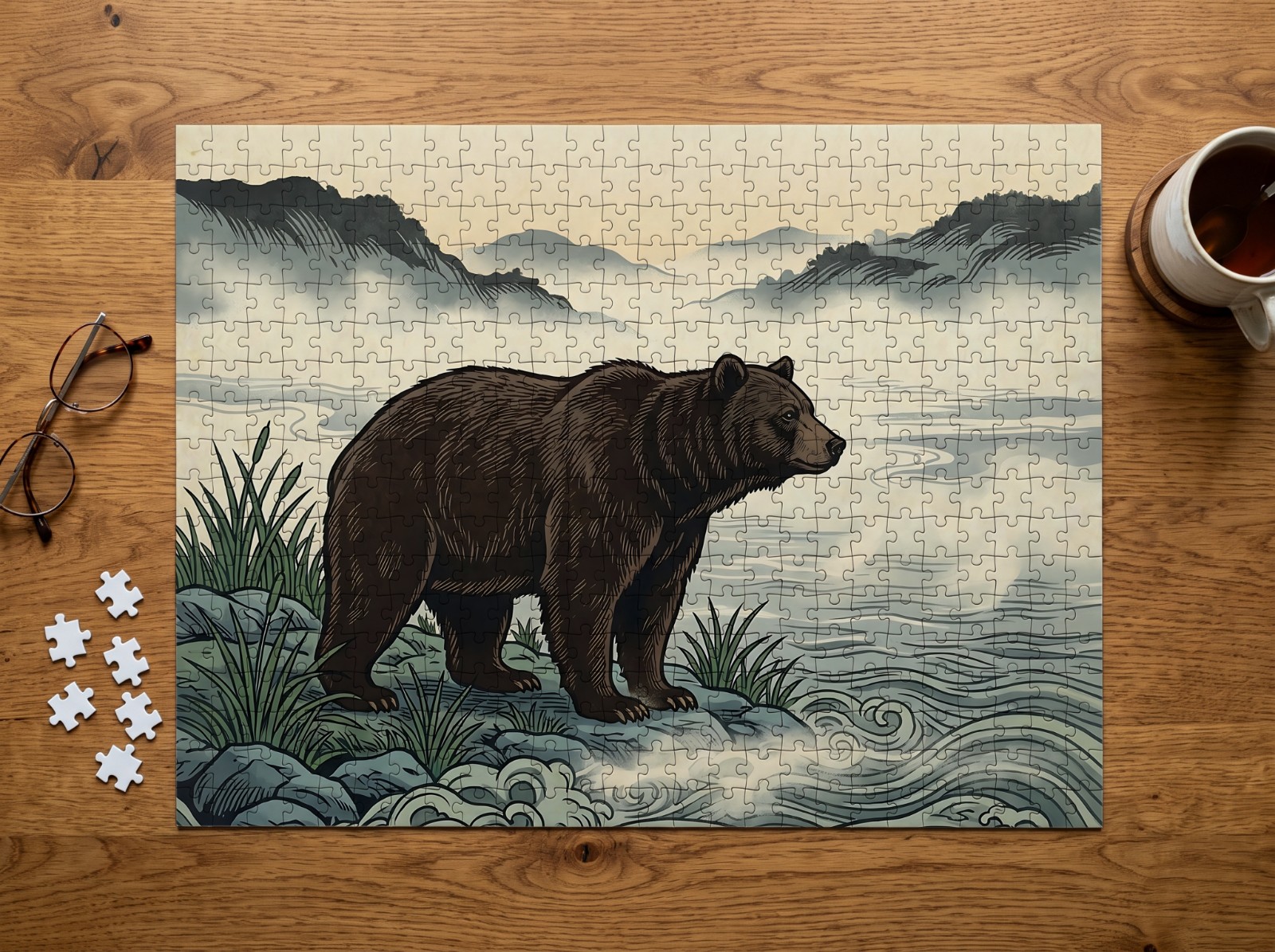 Assembled Jigsaw Puzzle on a Wooden Table showing the Bear River Mist art print