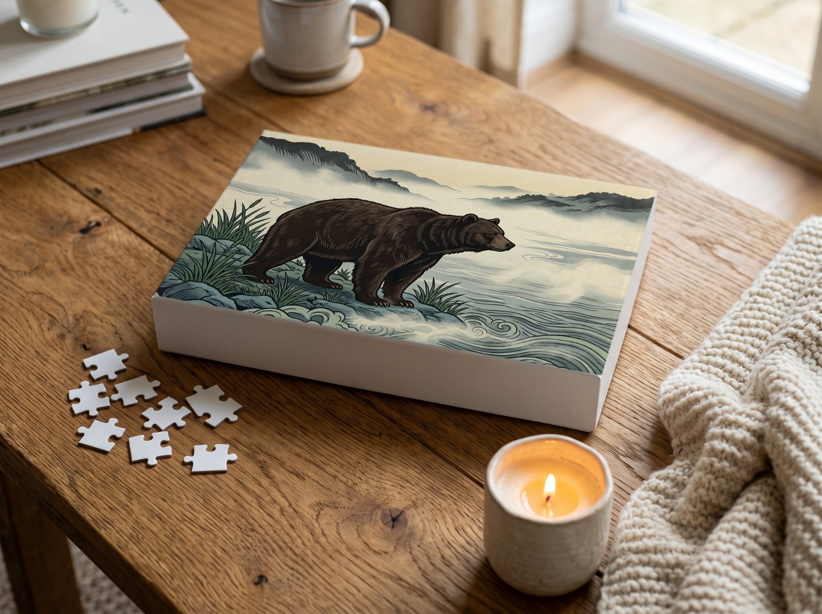 Jigsaw Puzzle Box Mockup on a Wooden Coffee Table example