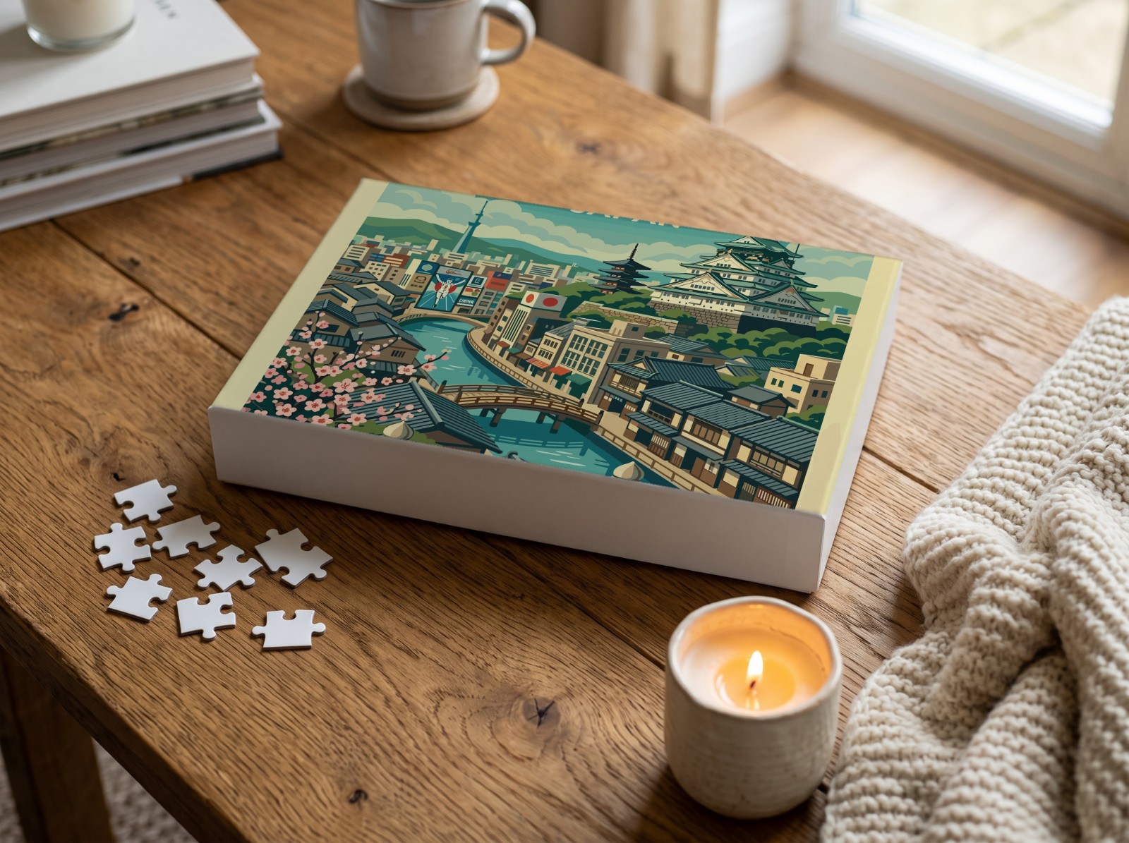 Jigsaw Puzzle Box on a Wooden Coffee Table showing the Osaka Japan travel print