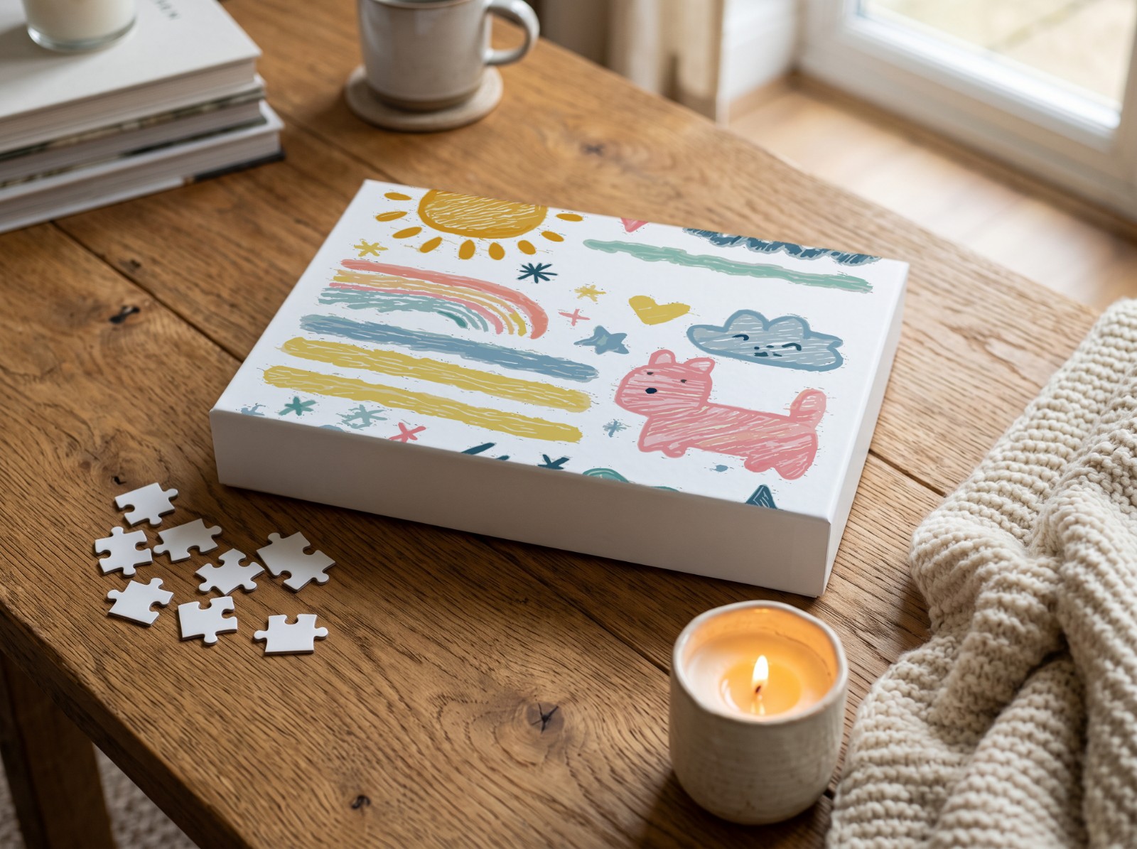Jigsaw Puzzle Box on a Wooden Coffee Table showing the crayon doodles artwork