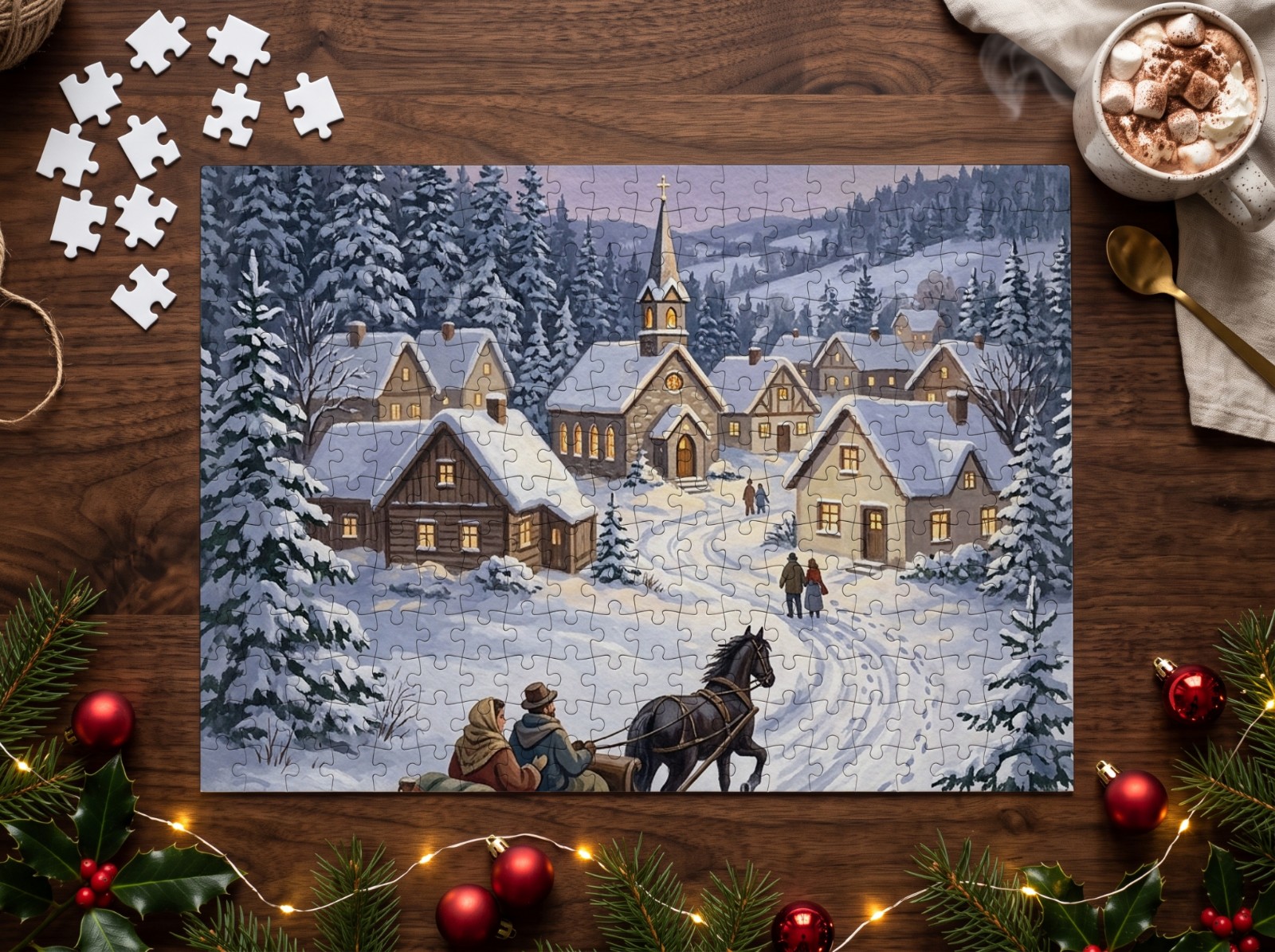 Jigsaw Puzzle Christmas on a Walnut Table with Hot Cocoa showing a vintage snowy winter village painting