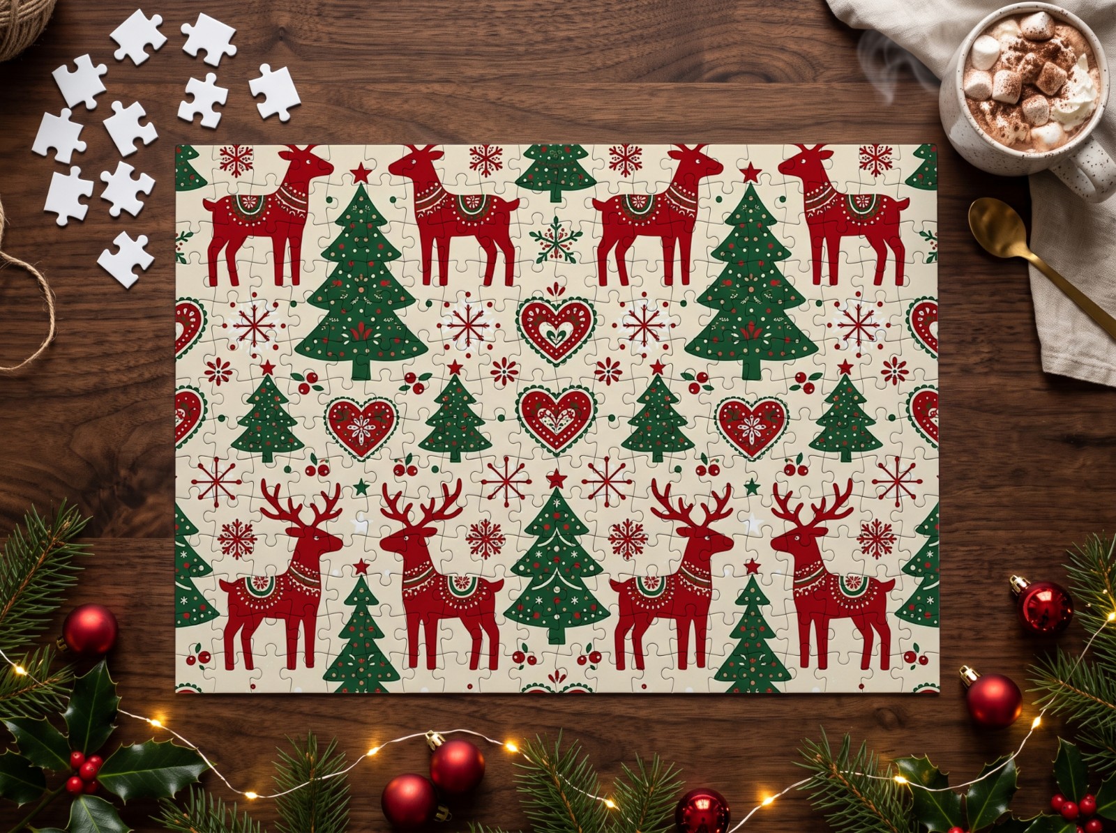 Jigsaw Puzzle Christmas on a Walnut Table with Hot Cocoa showing a Nordic reindeer and pine pattern