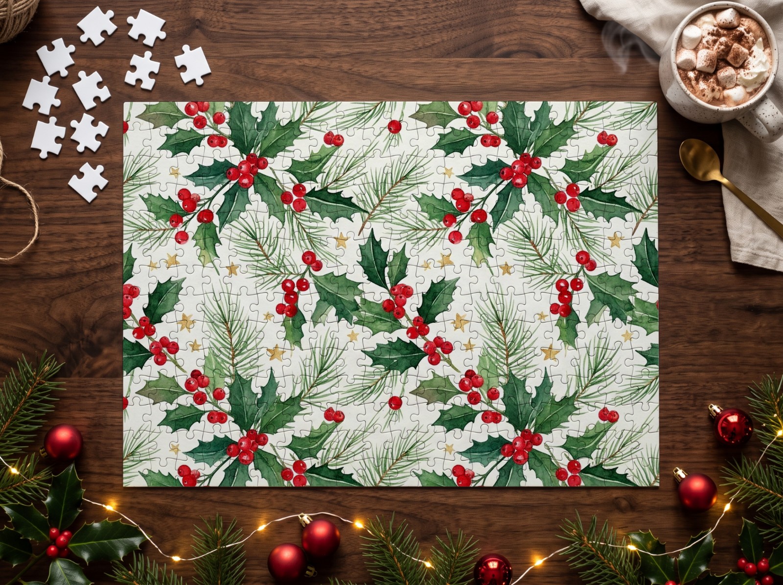 Jigsaw Puzzle Christmas on a Walnut Table with Hot Cocoa showing a watercolour holly and pine pattern