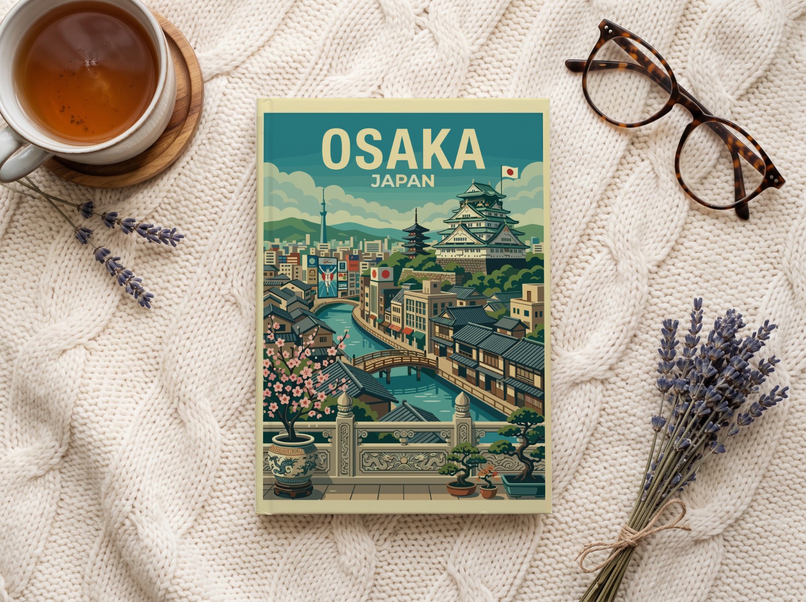 White Journal Cover on a Knit Blanket showing the Osaka Japan travel print