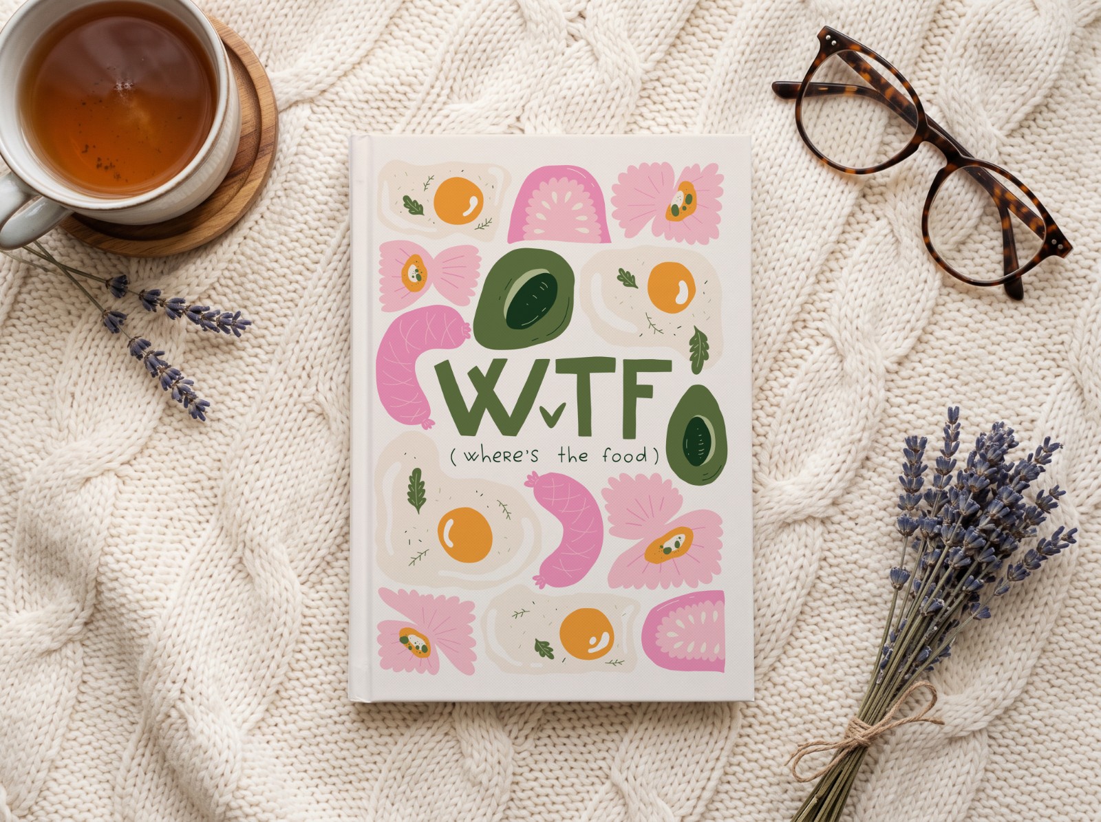 White Journal Cover on a Knit Blanket showing the WTF (Where's the Food) print