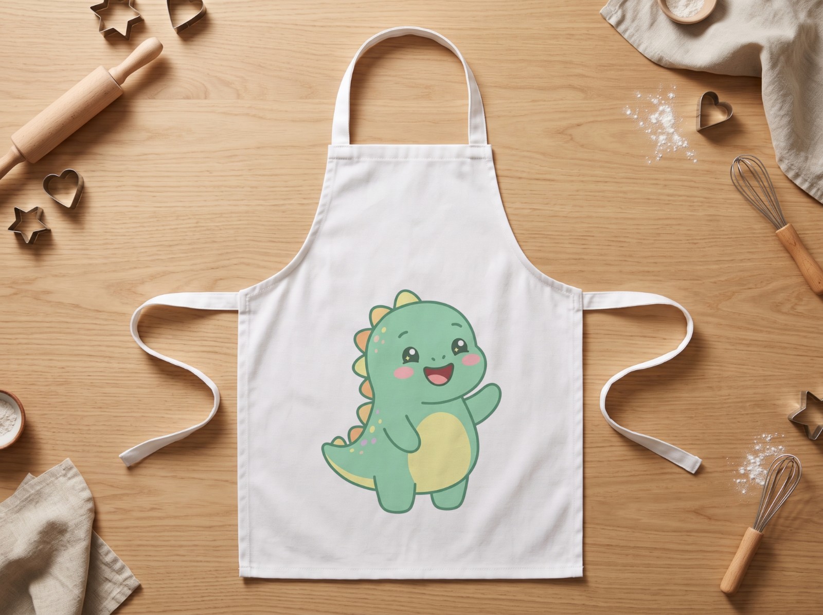 Kids White Apron Flat Lay with Baking Tools showing a cute baby dinosaur
