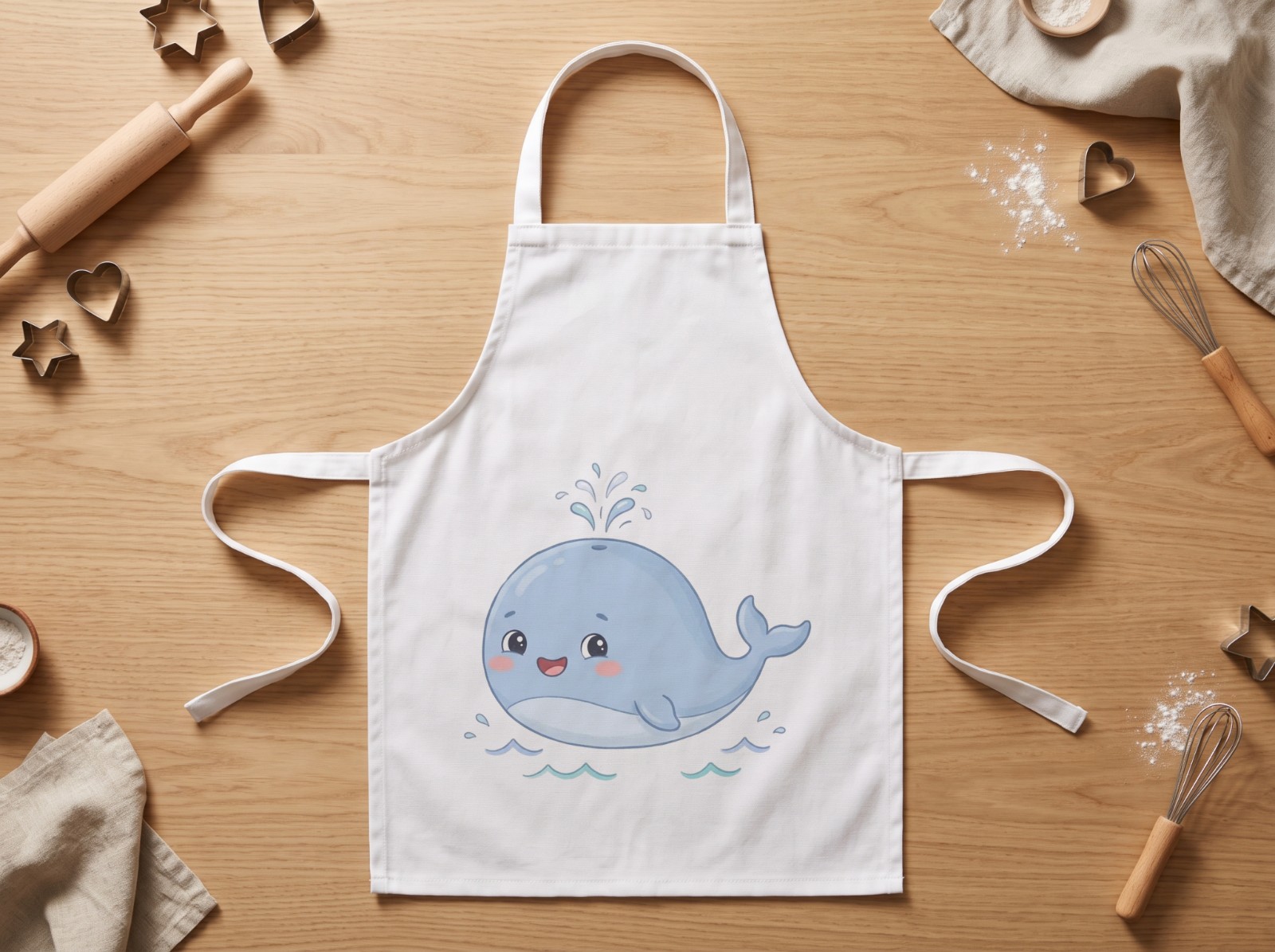 Kids White Apron Flat Lay with Baking Tools showing a cute baby whale