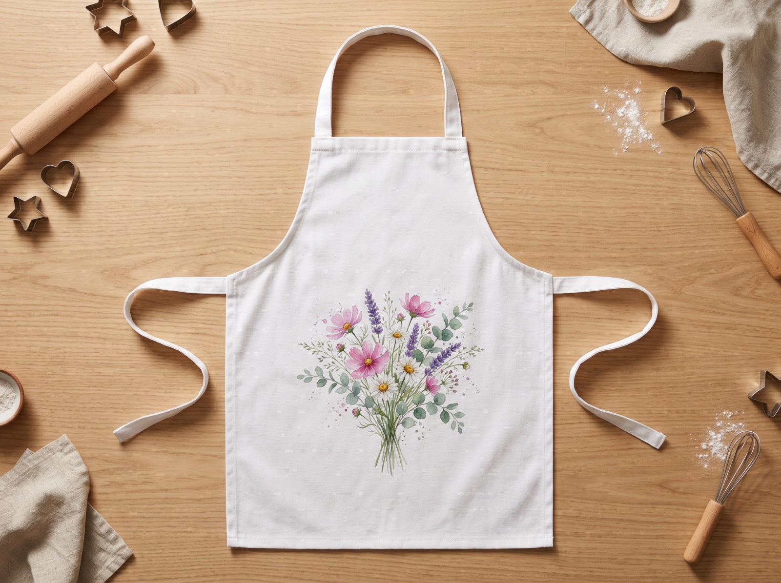 Kids White Apron Flat Lay with Baking Tools showing a watercolour wildflower bouquet