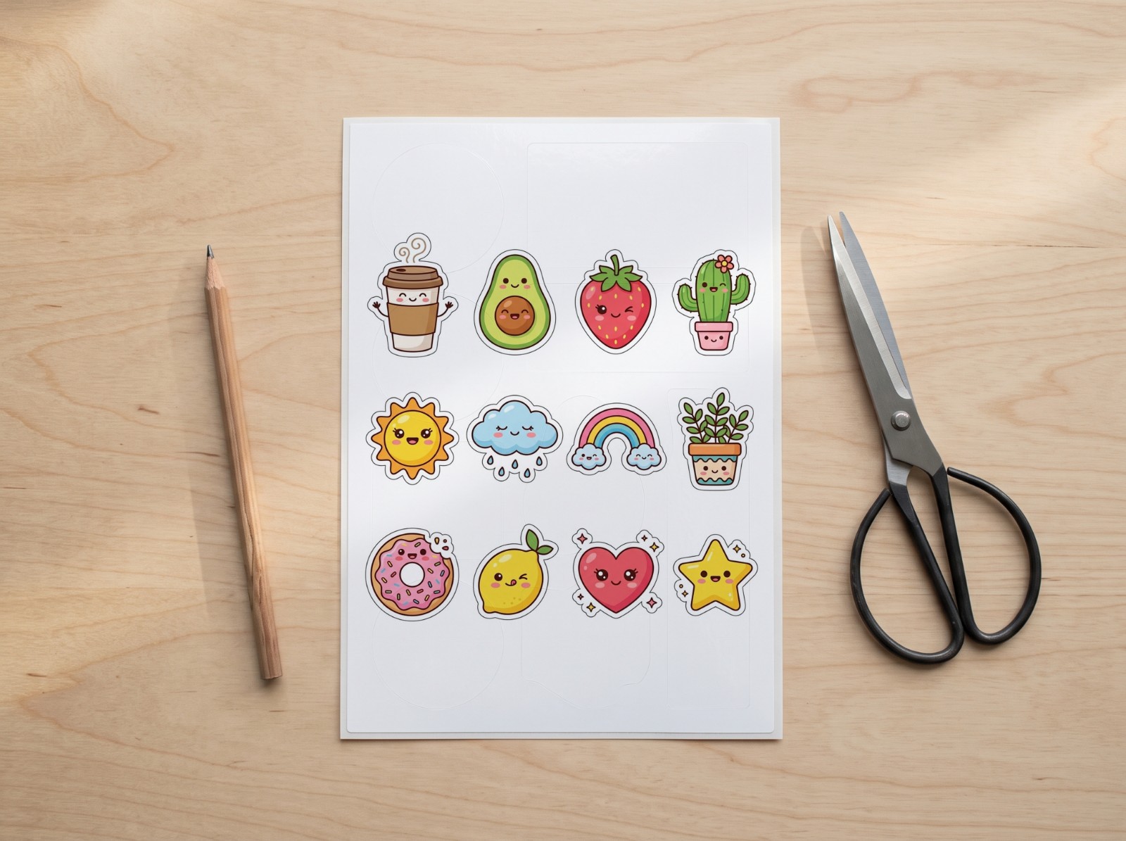 Kiss Cut Sticker Sheet Mockup on a Wooden Desk example
