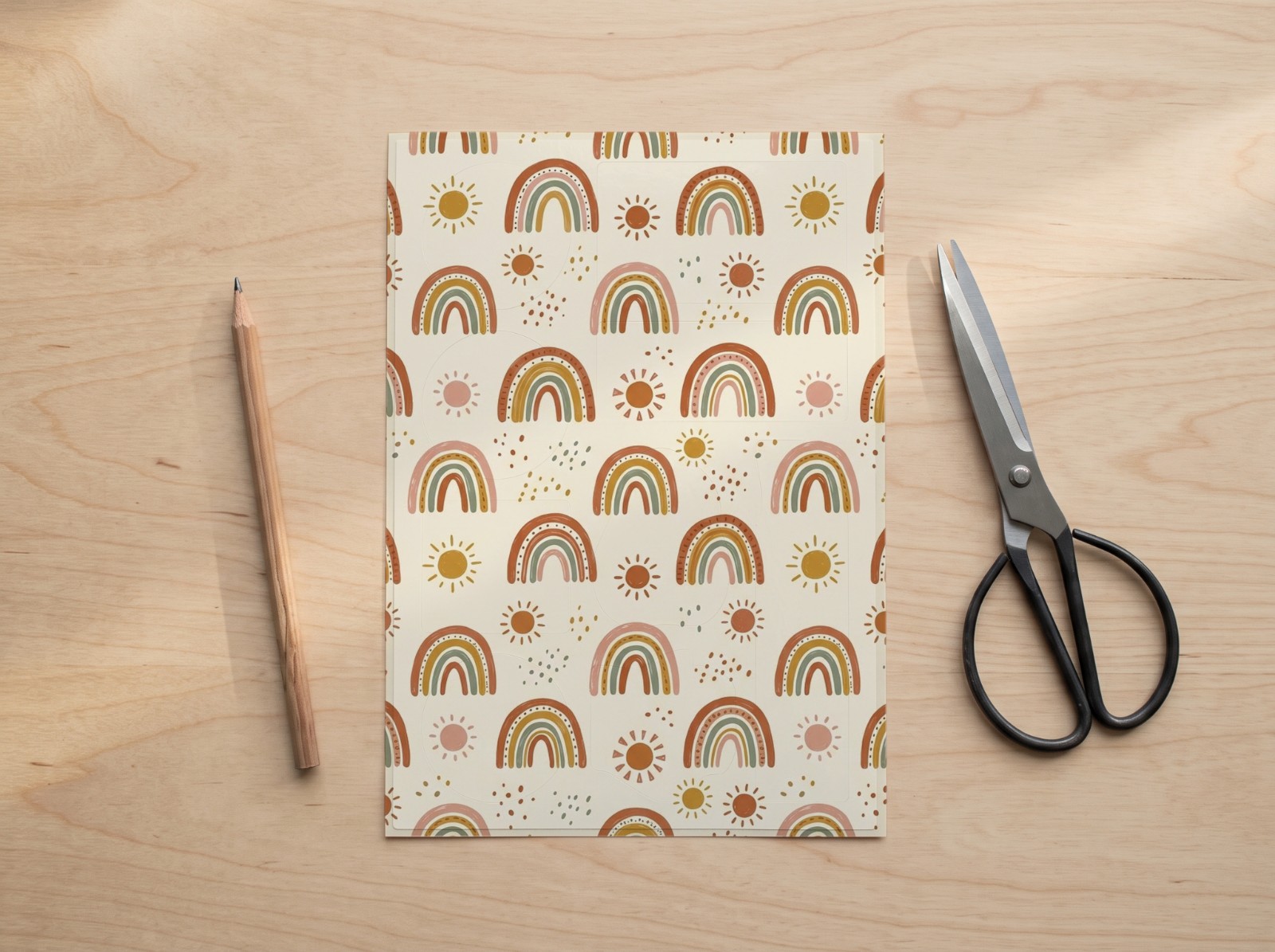 Kiss Cut Sticker Sheet on a Wooden Desk showing a boho rainbow pattern