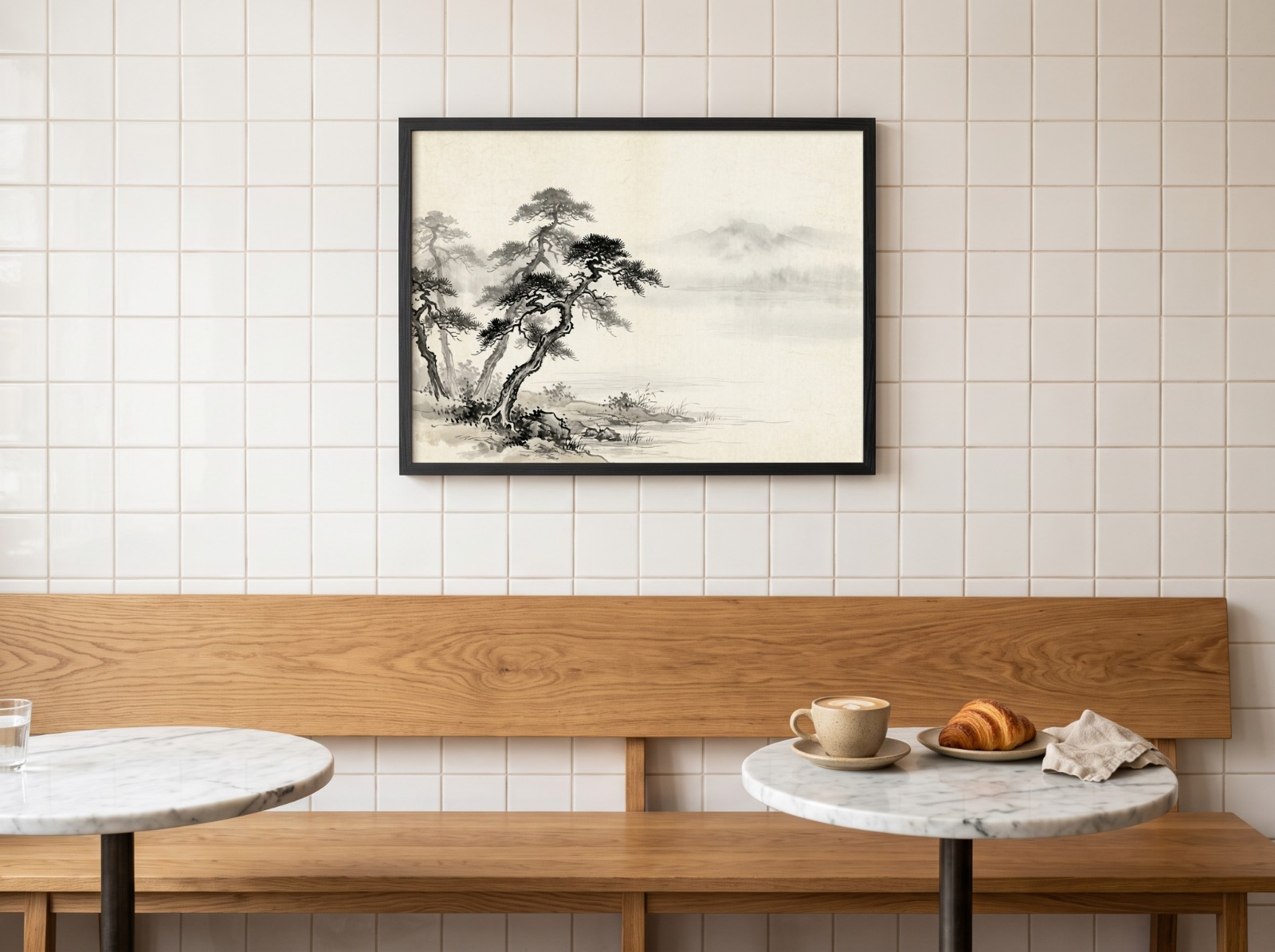 Landscape Black Frame Cafe Wall showing a Japandi ink wash pine landscape
