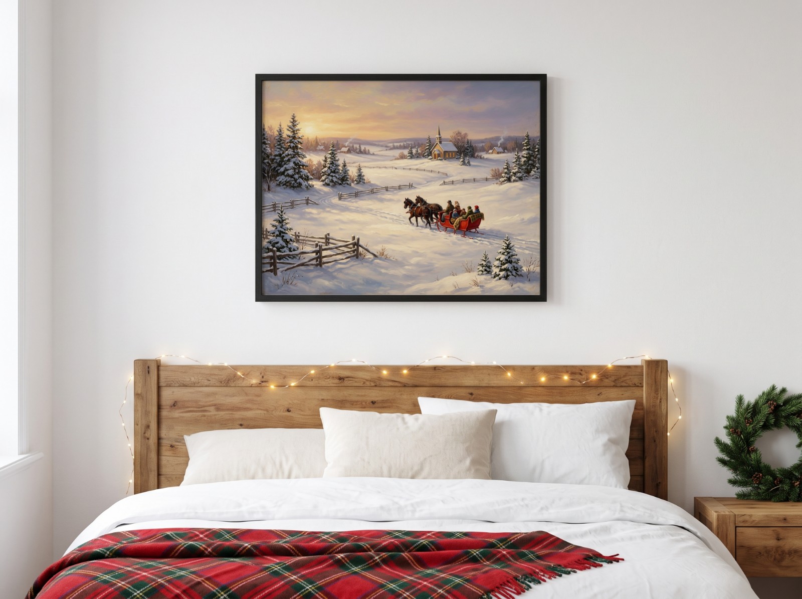 Landscape Black Frame Christmas Bedroom showing a vintage Christmas sleigh painting