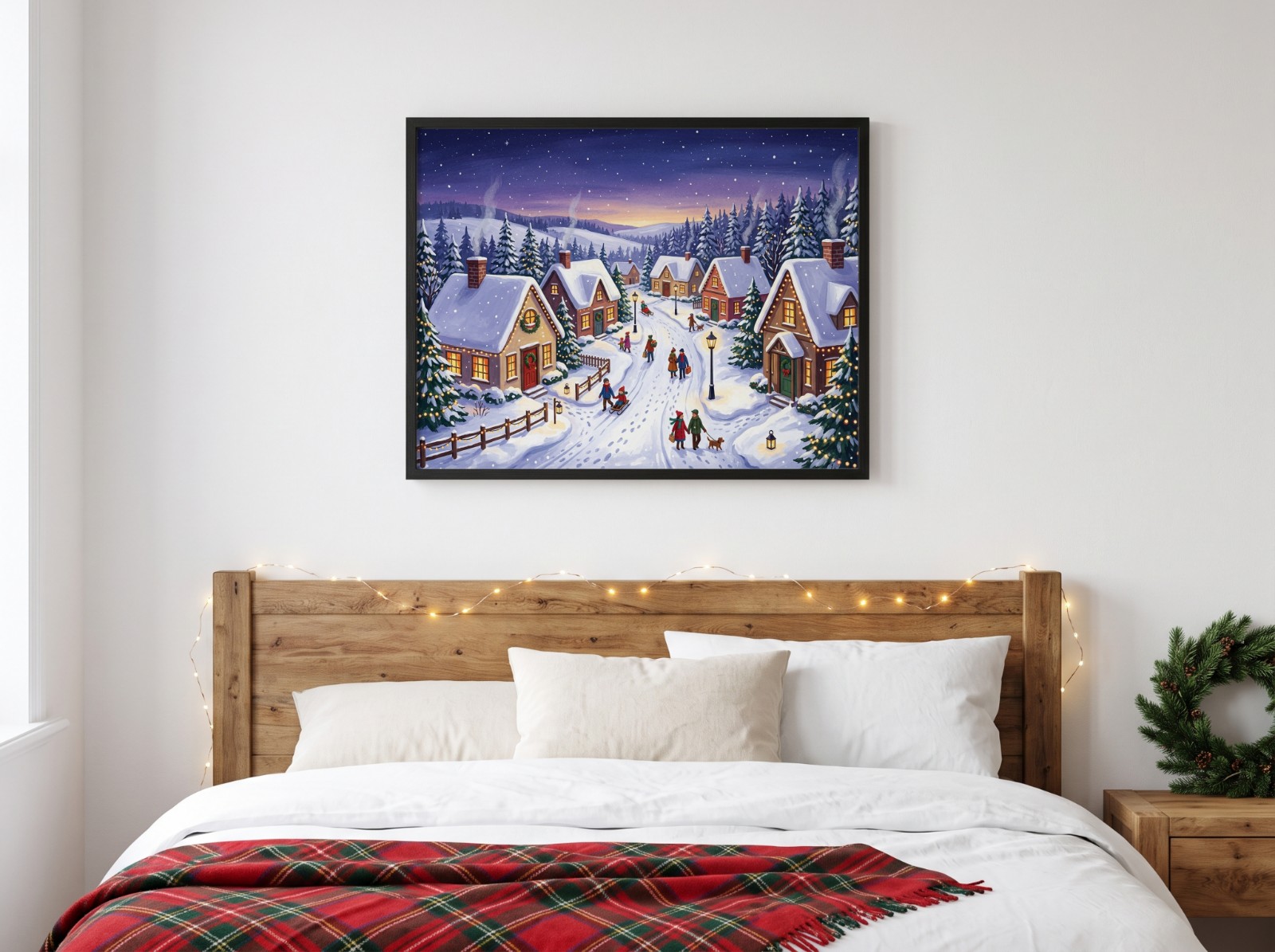 Landscape Black Frame Christmas Bedroom showing a snowy Christmas village illustration