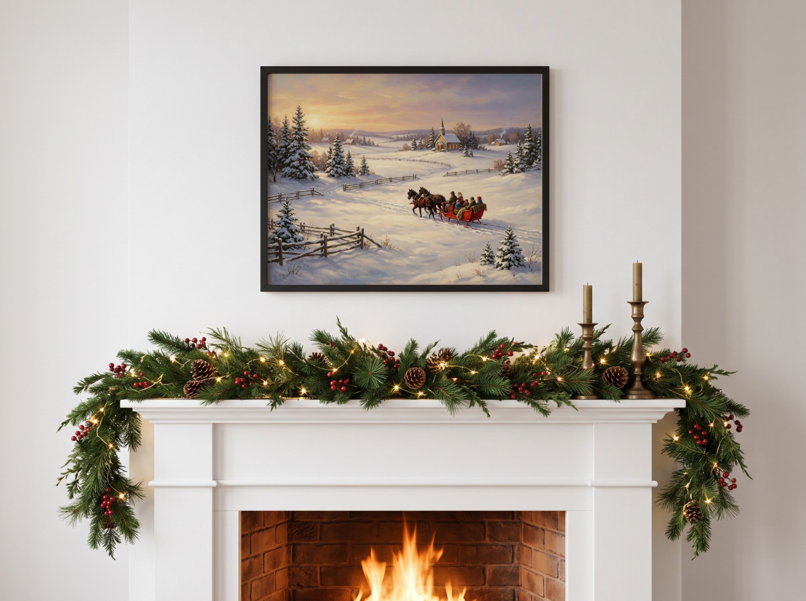 Landscape Black Frame Christmas Mantel showing a vintage Christmas sleigh painting