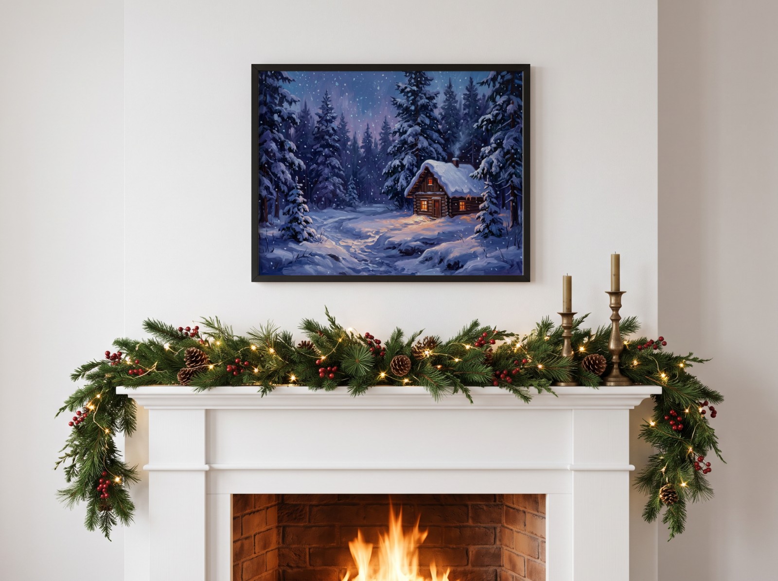 Landscape Black Frame Christmas Mantel showing a snowy forest cabin painting