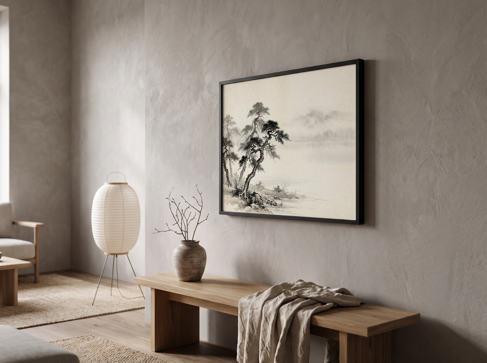 Landscape Black Frame Japandi Angle Mockup example