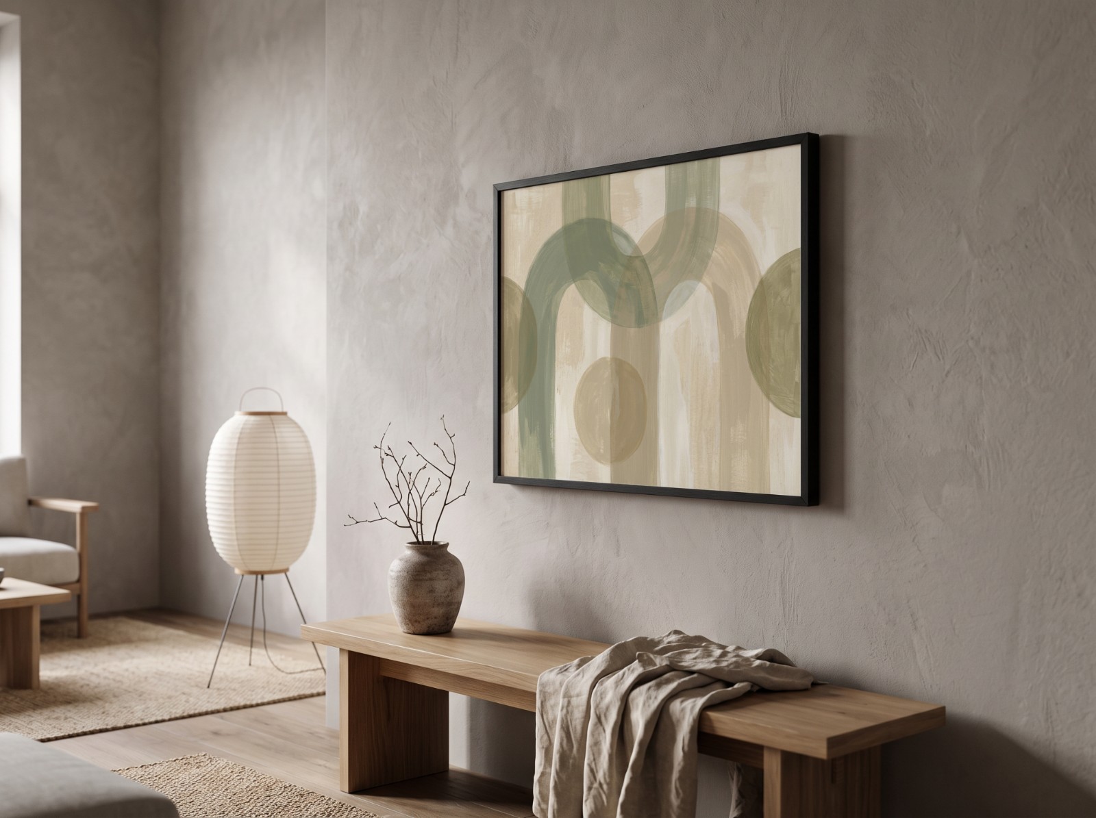 Landscape Black Frame Japandi Angle showing a sage green arches abstract