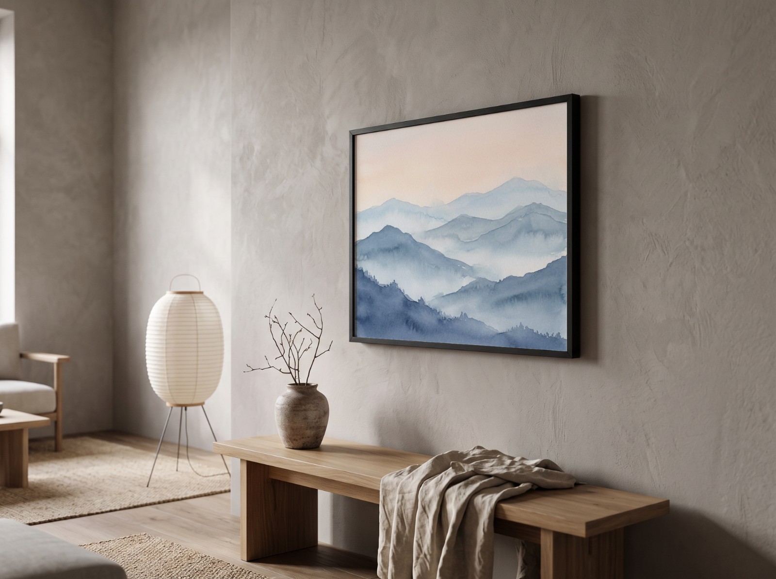 Landscape Black Frame Japandi Angle showing a misty blue mountain watercolour