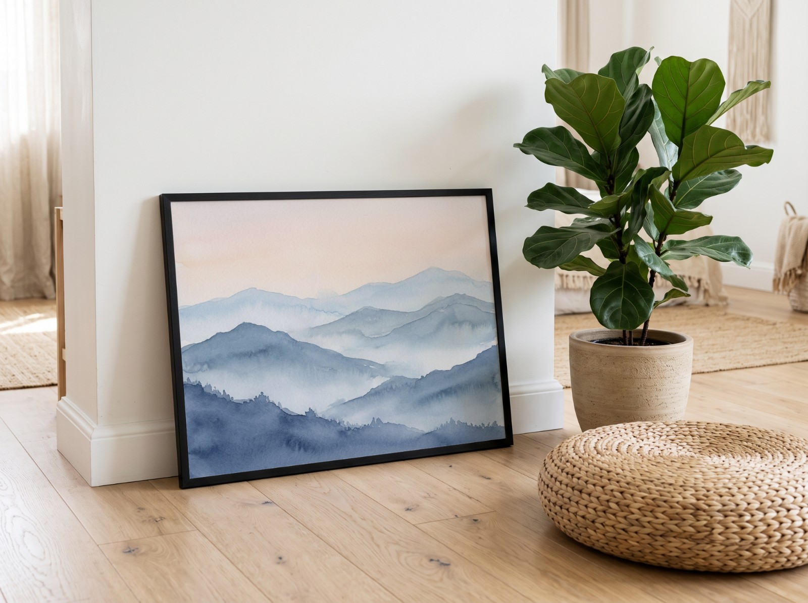 Landscape Black Frame Leaning on Floor Mockup example