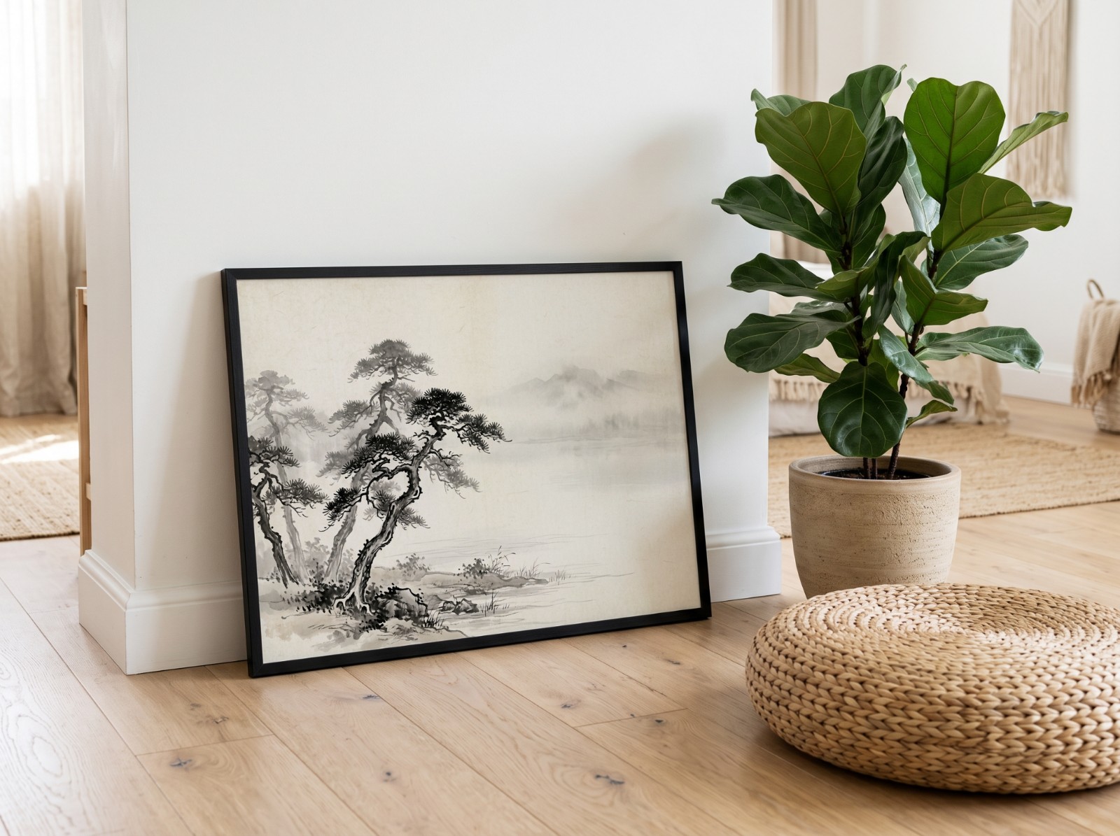 Landscape Black Frame Leaning on Floor showing a Japandi ink wash pine landscape