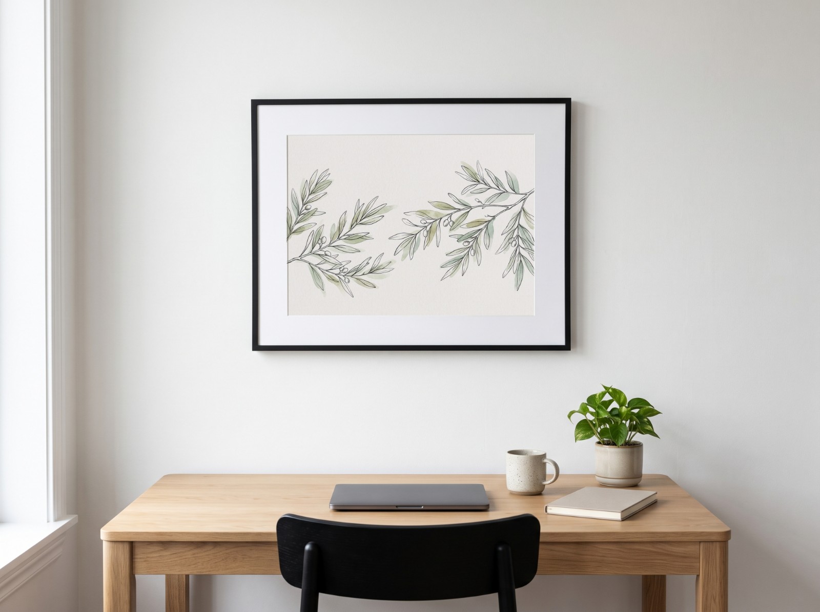 Landscape Black Mat Frame Home Office showing an olive branch line drawing