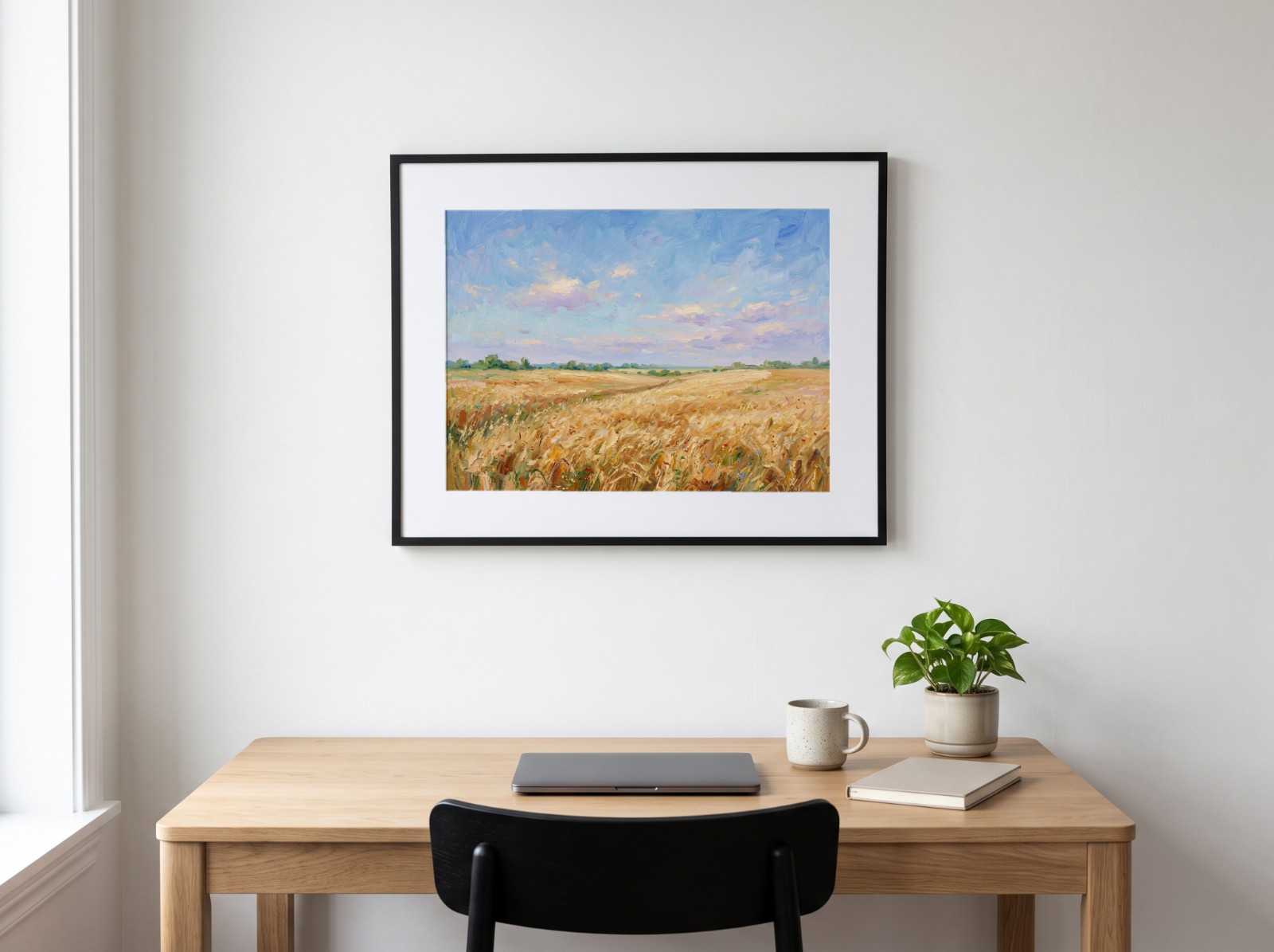 Landscape Black Mat Frame Home Office showing a golden wheat field oil painting