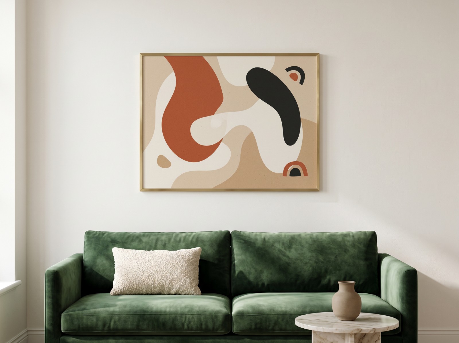 Landscape Brass Frame Green Velvet Sofa Mockup example