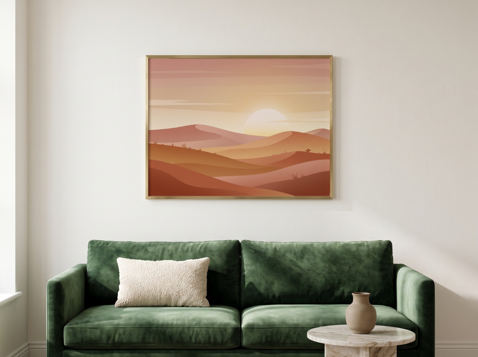 Landscape Brass Frame Green Velvet Sofa showing a boho desert sunset print