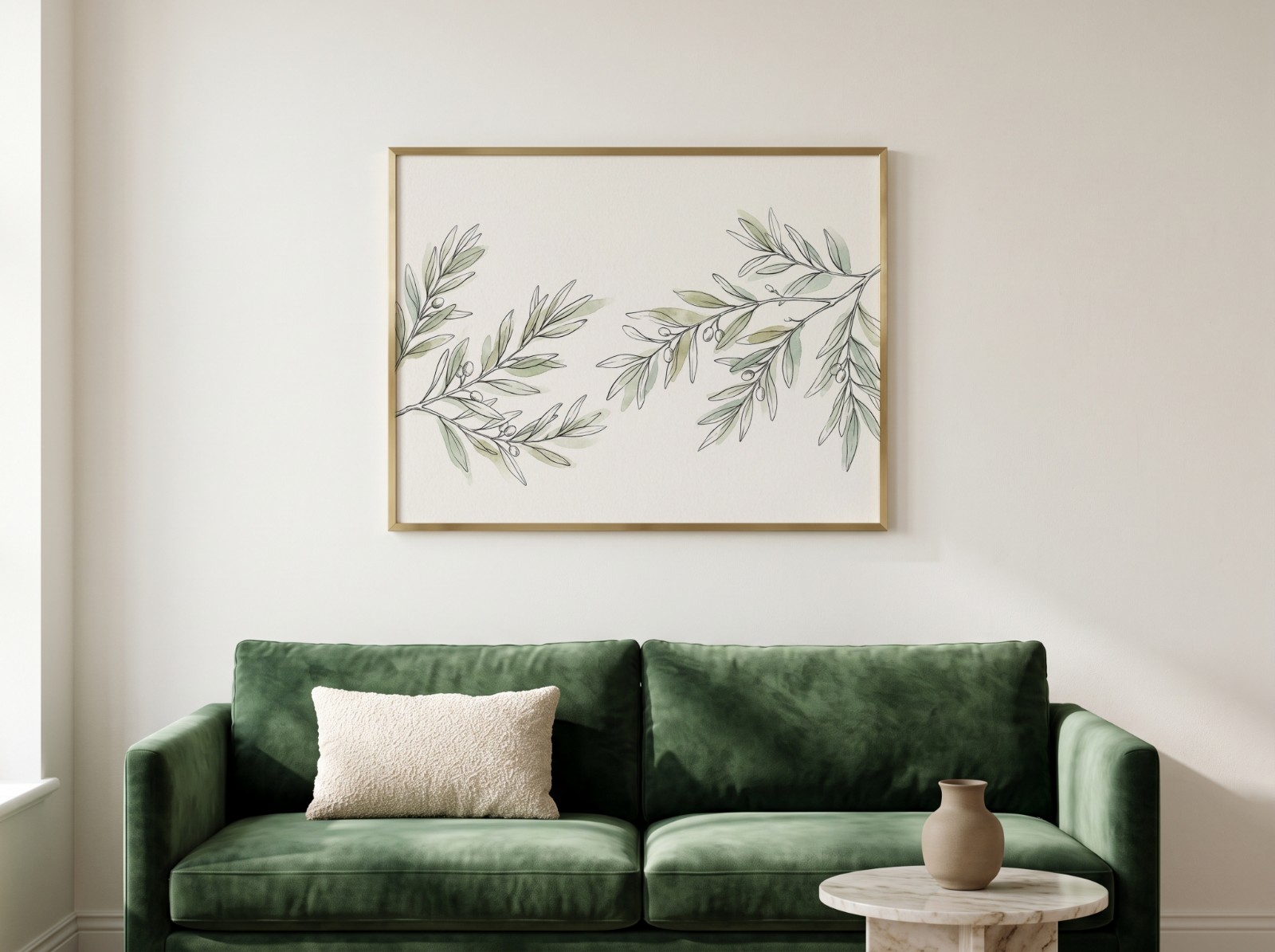 Landscape Brass Frame Green Velvet Sofa showing an olive branch line drawing